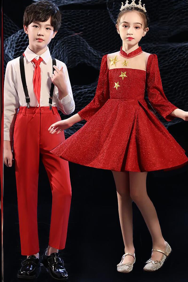 人比赛舞台男孩爱国红色主题新款少儿主持大合唱演出服装—儿童演出服