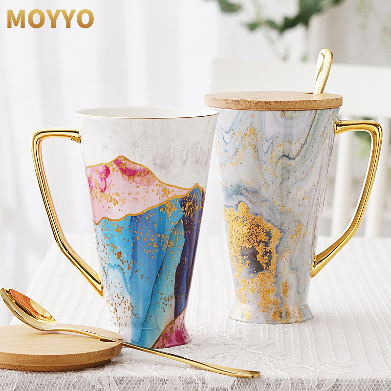 moyyo骨瓷马克杯水杯大容量女英式轻奢ins陶瓷情侣咖啡杯子带盖勺