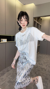 RR fashion 短袖T恤女2024夏季新款重工亮片蕾丝中长款圆领上衣