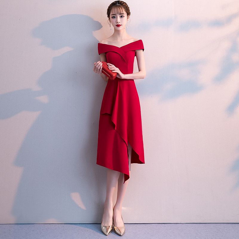 一字肩敬酒服新娘2021新款冬季酒红色中长款小个子结婚晚礼服裙女