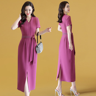 中长款高级感连衣裙女夏装2023新款女装气质夏季长裙紫色雪纺裙子
