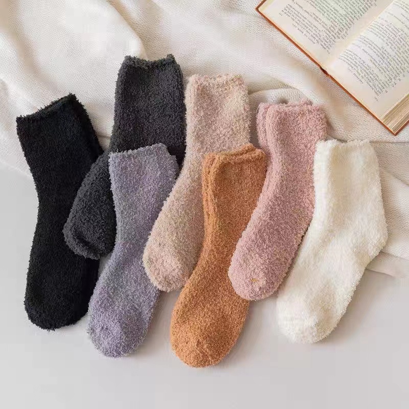 珊瑚绒袜子女秋冬季加厚中筒袜居家睡眠地板袜子加绒保暖月子长袜