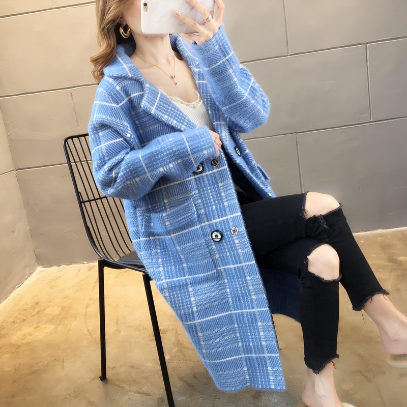 网红仿水貂绒加厚毛衣开衫女秋冬新款宽松中长款大衣格子外套女装在类目 女装/女士精品, 毛针织衫中 - 来自Buy2taobao.com提供专业的淘宝代购服务