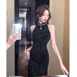 新中式中国风黑色绝美高贵旗袍改良年轻款少女高端轻奢古法连衣裙