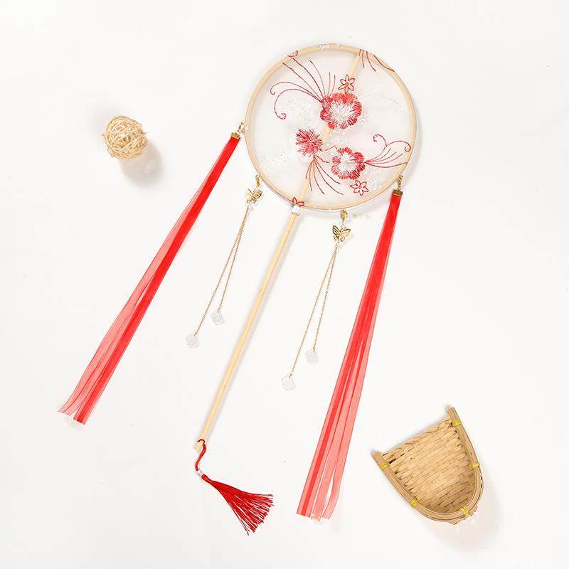 掌扇儿童扇子走秀汉服女童团扇宫扇小刺绣古风长柄舞蹈扇飘带圆扇