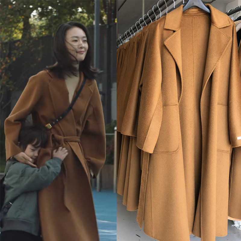 顾佳童谣同款22韩版通勤秋季新款水波纹系带经典双面长袖羊绒大衣