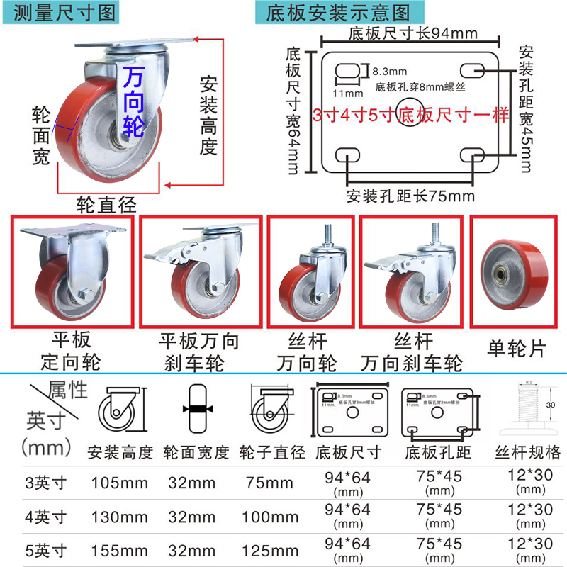 万轮3寸4方楚寸螺纹杆铁芯聚氨酯平向板带刹辘车轮轱手拖车5寸脚