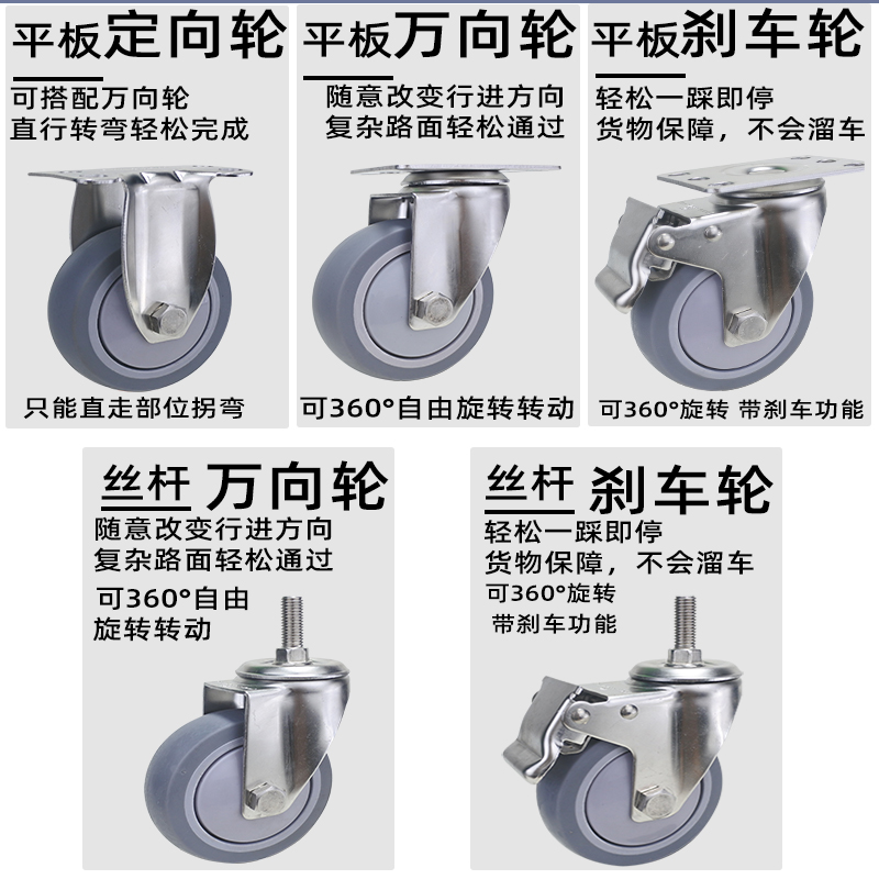 万向轮304寸不锈钢1.5寸3寸4寸5寸方楚62寸8水防锈橡胶静防音重型