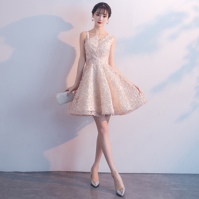 小礼服裙女2018新款夏短款单肩高贵优雅宴会派对伴娘服名媛晚礼服