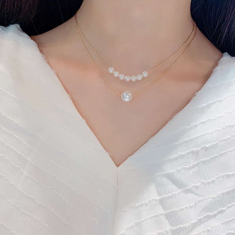 韩国珍珠项链时尚款女气质高级轻奢小众设计感双层吊坠锁骨链颈链