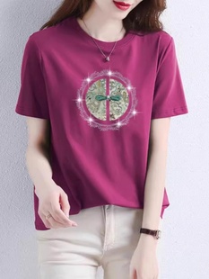 新中式刺绣烫钻短袖T恤女2024夏季新款设计感中国风气质正肩上衣
