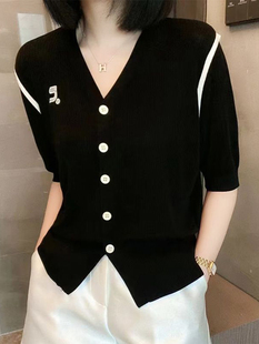 黑色大码短袖针织衫女夏小众设计感修身显瘦薄款v领开衫半袖上衣