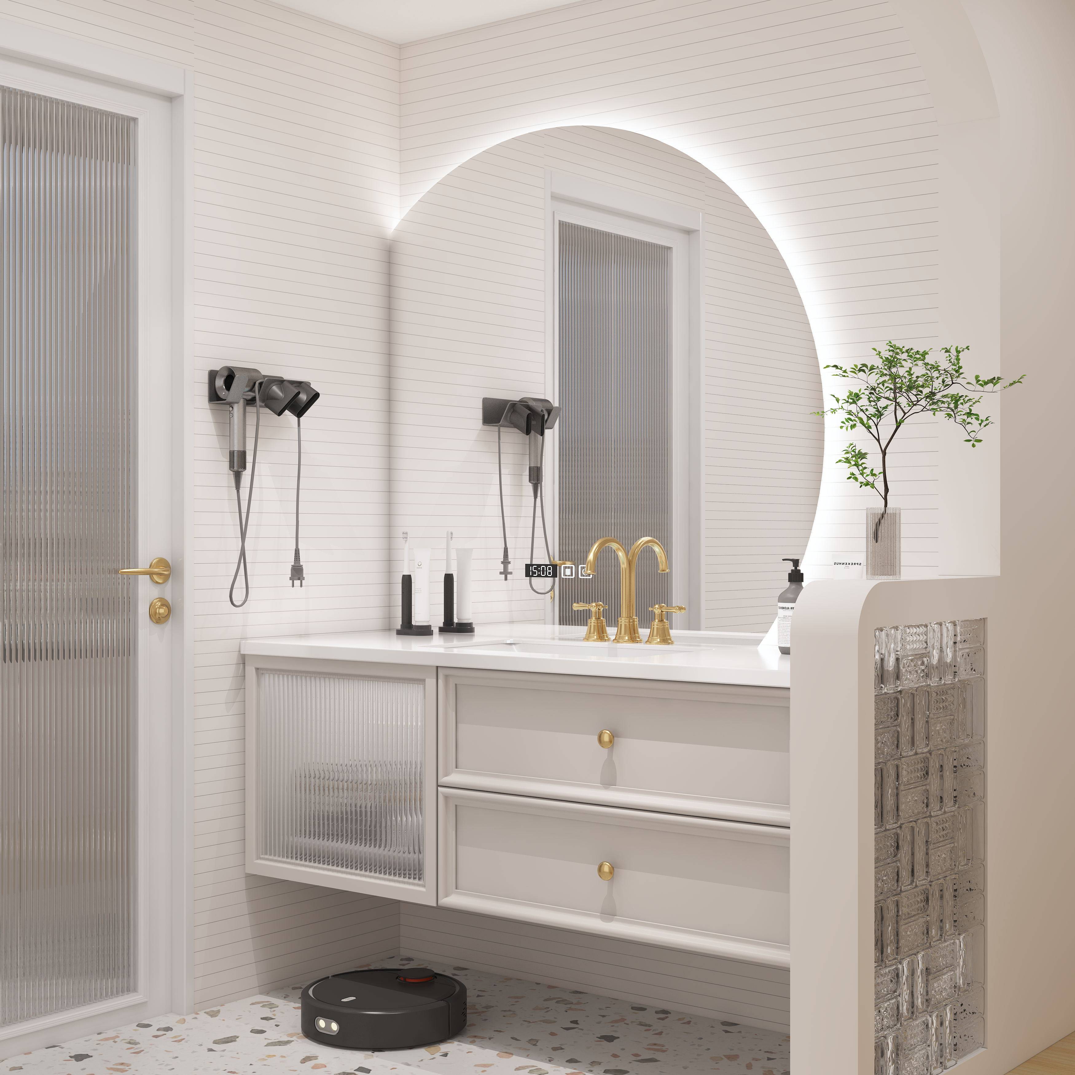 美式简约奶油风智能浴室柜岩板实木卫生间洗漱台无缝洗脸盆组合柜