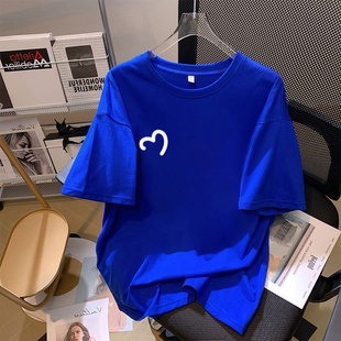 克莱因蓝纯棉短袖t恤女2024年夏季新款宽松大码圆领体恤半袖上衣