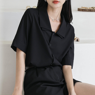 黑色翻领短袖衬衫女2023夏季y新款法式复古设计感小众气质薄款衬