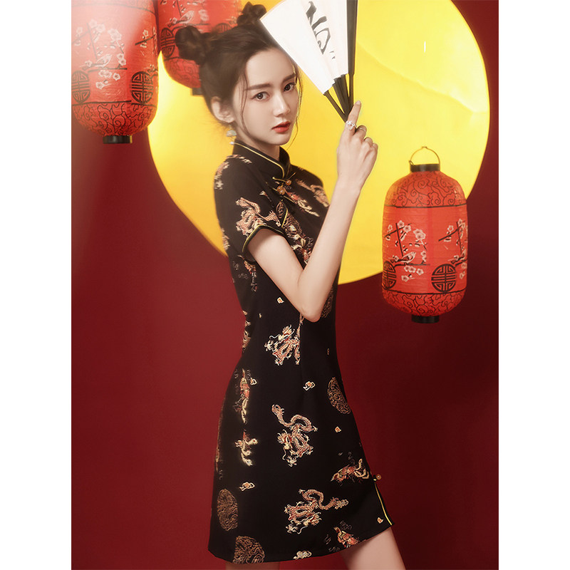 黑色旗袍2021年新款夏季改良版复古国潮年轻款小个子短款连衣裙女