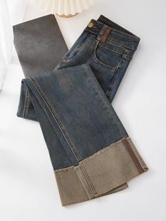 拼接水泥灰烟管裤女2024年春季新款美式高腰小个子加绒直筒牛仔裤