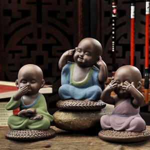 彩砂陶茶宠三不小和尚摆件紫砂小沙弥可爱佛不说不听不看可养茶.
