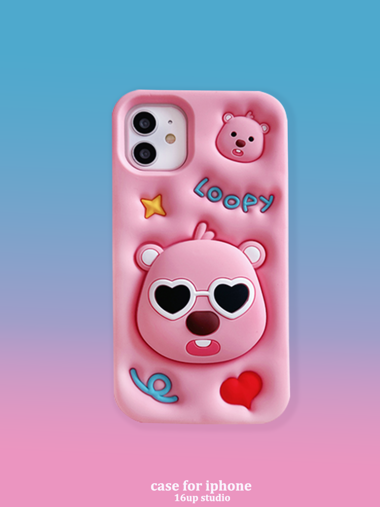 Loopy小海狸适用iphone15pro手机壳14苹果13可爱卡通粉色少女萌系小众个性创意支架max立体硅胶防摔11软套12