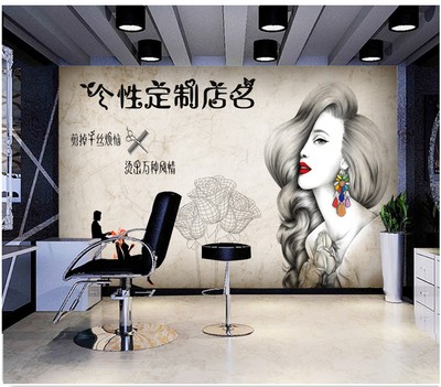 复古理发店背景墙壁纸发廊墙布图片