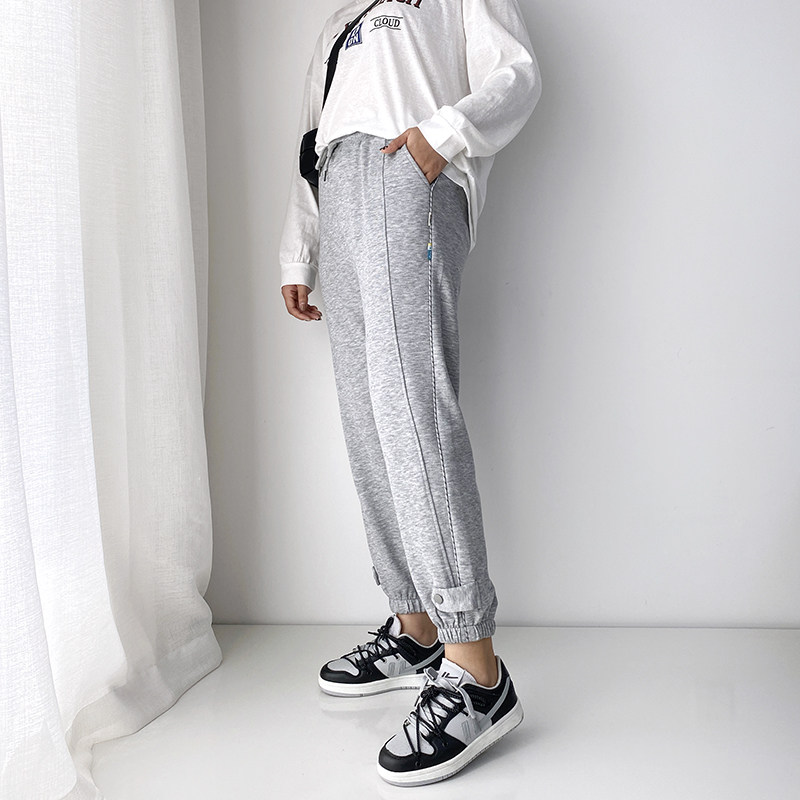 大码女装卫裤女2021早秋新款宽松灰色春秋显瘦纯棉运动裤胖mm裤子