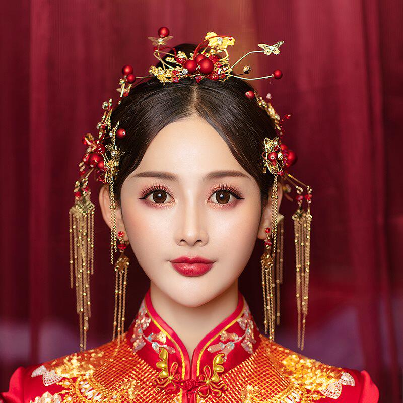 佳艳新娘头饰秀禾显脸小中式简约大气古代结婚步摇流苏凤冠敬酒