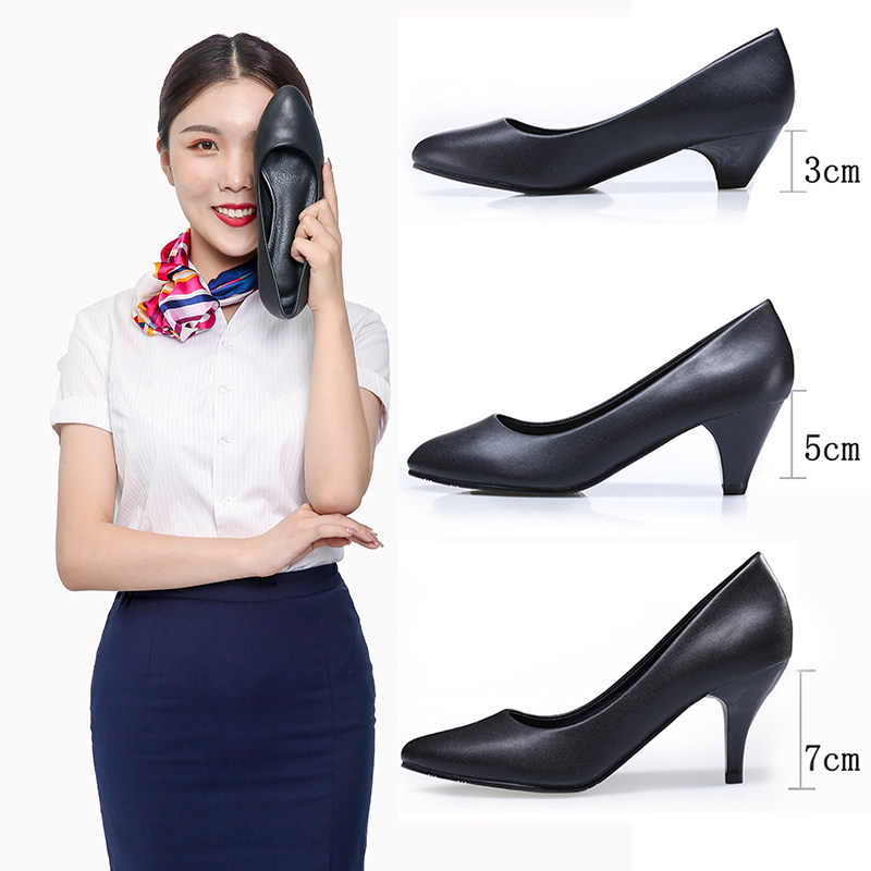 大码工作鞋女黑色高跟鞋职业正装细跟中跟礼仪鞋空姐鞋学生面试鞋