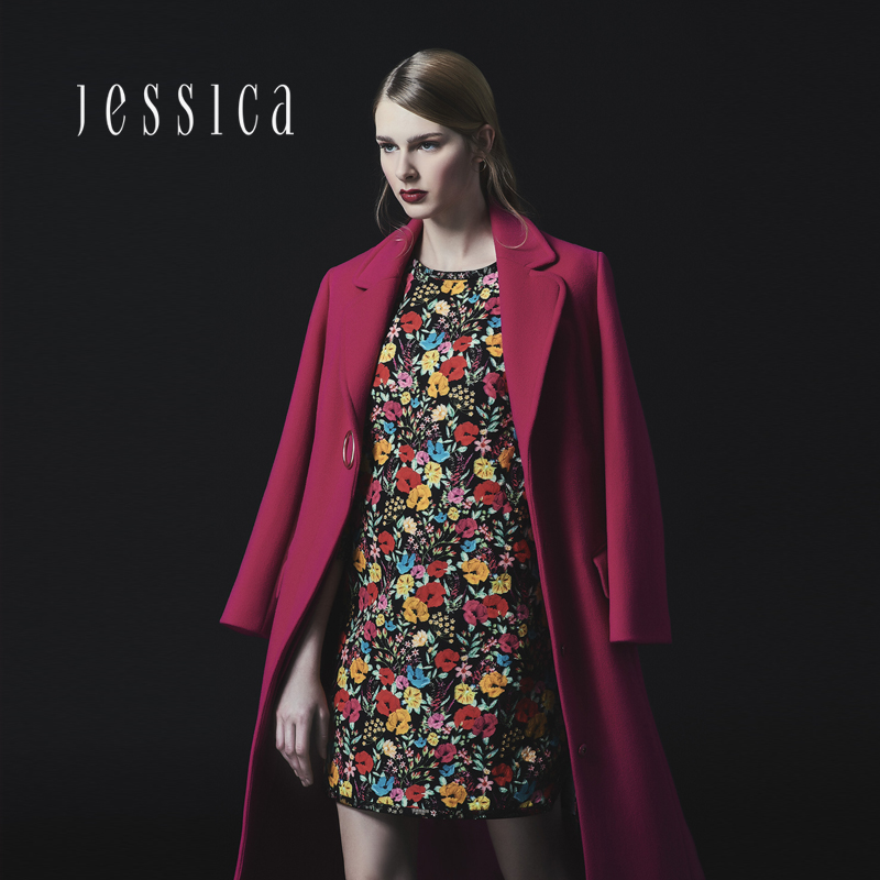 jessica杰西卡专柜玫红色西装领羊毛大衣女装外套冬中长款显肤色