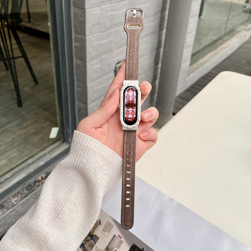 米布斯适用小米手环2腕带plus疯马pu皮表带免螺丝磁吸壳可选