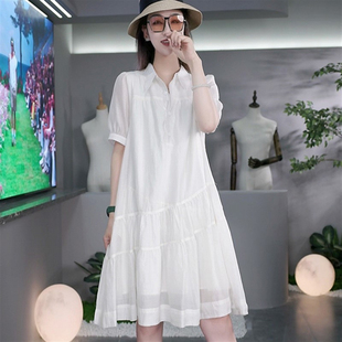 白色雪纺连衣裙2024新款女夏装韩版高级感宽松大码字衬衣领裙子