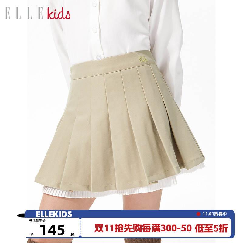 ELLEkids童装 法式学院风花边百褶半身裙女童秋季新款A字短裙子*