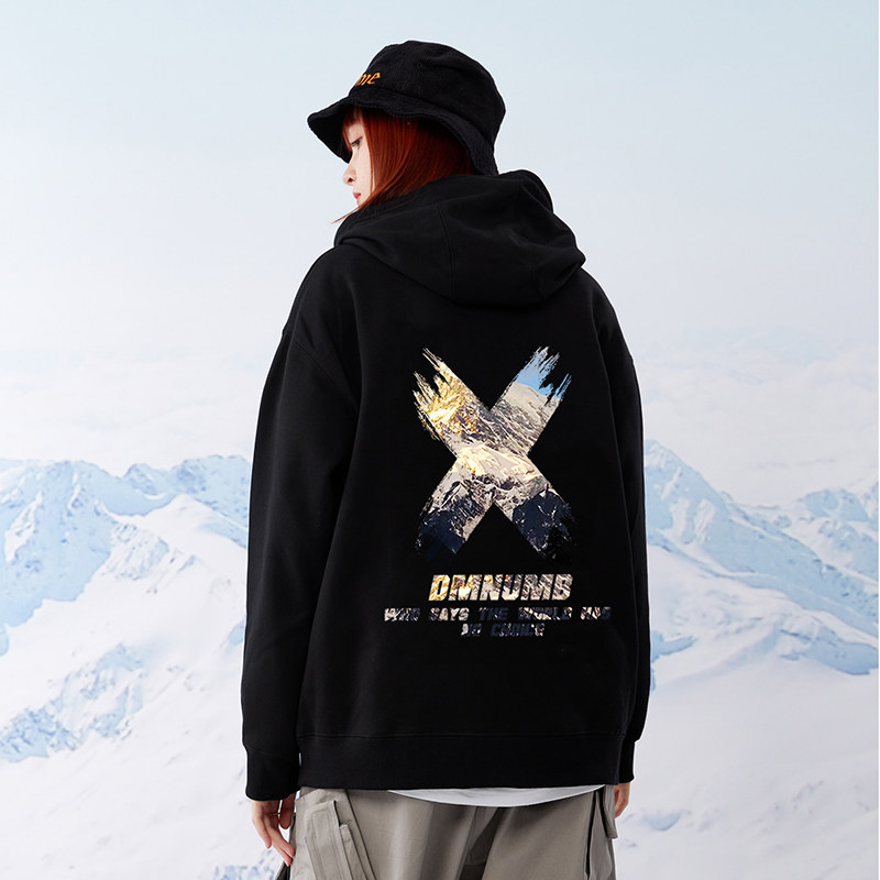 dmnumb刷漆雪山印花连帽卫衣春秋季宽松套头国潮帽衫上衣外套男女
