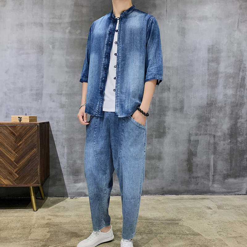 牛仔中山装立领中袖衬衣男中国风中式盘口衬衫夏季唐装汉服九分裤|ruв категории Мужская одежда, 民族服装(新), 中山装 - от Buy2taobao.com для оказания профессиональной услуги покупки агента Taobao