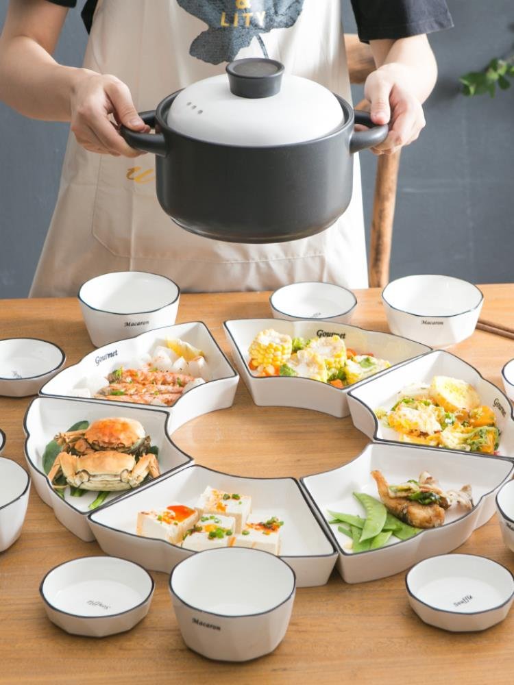 网红拼盘餐具组合陶瓷过年家用创意圆桌扇型摆盘火锅团圆盘子套装