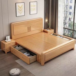 榉木全实木床现代简约1.8米双人床主卧婚床1.5米高箱储物床原木床