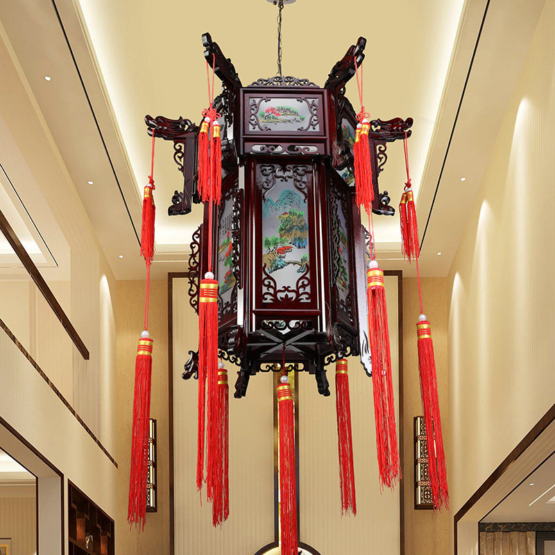 中式实木宫灯六角祠堂新年羊皮古典结婚阳台吊灯户外仿古挂饰灯笼