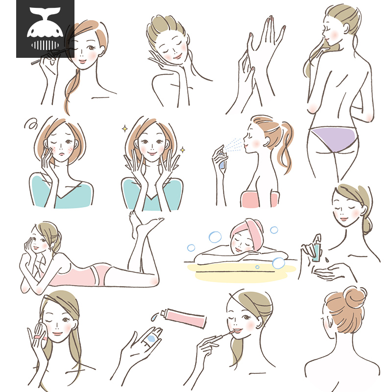 手绘美容护肤保养化妆品精致女孩美女插画卡通插图AI矢量设计素材