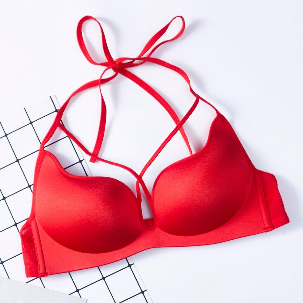 一折v系带聚拢内衣_聚拢绑带挂挂脖一片式无痕文胸深v系带胸罩调整型