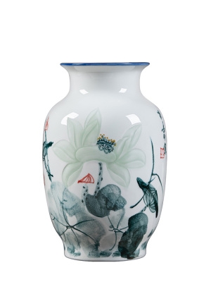 正品景德镇陶瓷花瓶摆件客厅插花花器手绘荷花瓷器 现代中式装饰
