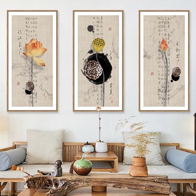 新中式荷花装饰画客厅沙发背景墙水墨莲蓬挂画禅意玄关壁画中国风
