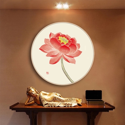 心经装饰画圆形莲花佛堂佛像观音挂画佛字画玄关禅意茶室荷花壁画