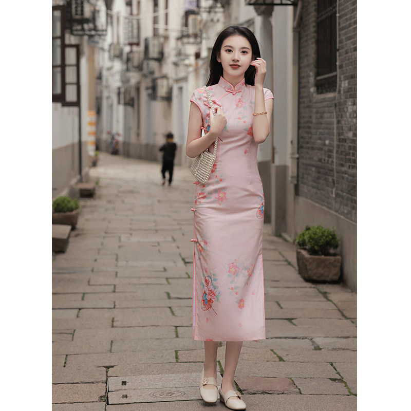 粉色旗袍2022年夏新款复古中国风年轻款长款气质名媛民国风连衣裙