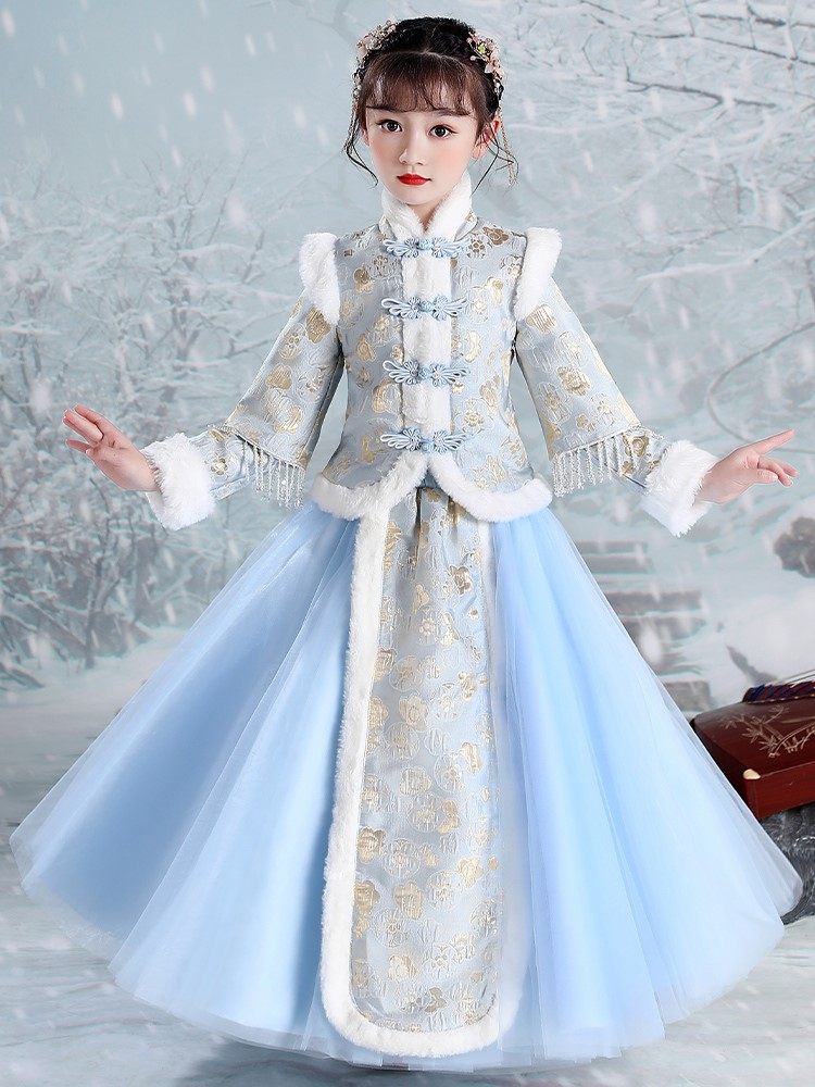 元旦女童汉服冬装2021新款儿童加厚中国风唐装冬季加绒古装裙子秋