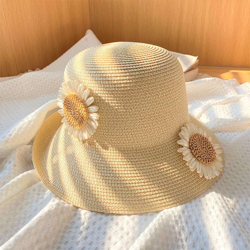 夏季草帽女太阳帽遮阳帽沙滩帽花朵小清新大沿檐帽子海边出游防晒