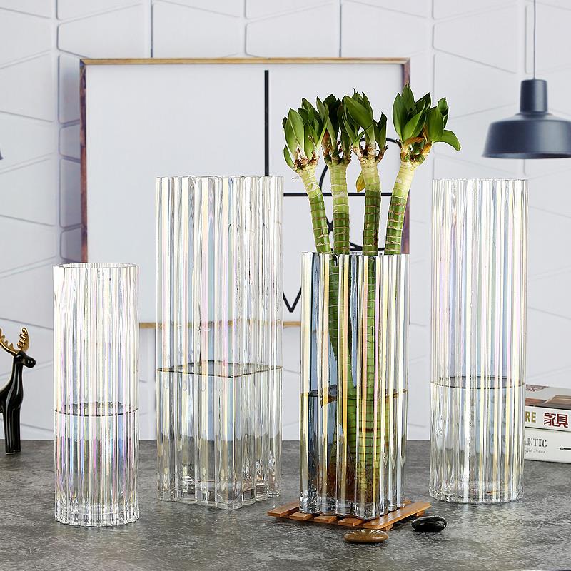 简约创意珠光贝母色花瓶摆件玻璃客厅装饰透明彩色花器富贵竹插花