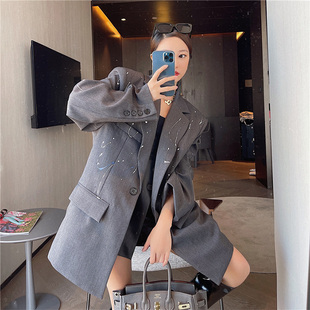 设计感灰色西装外套女春季2022新款中长款宽松上衣韩版女装欧货潮