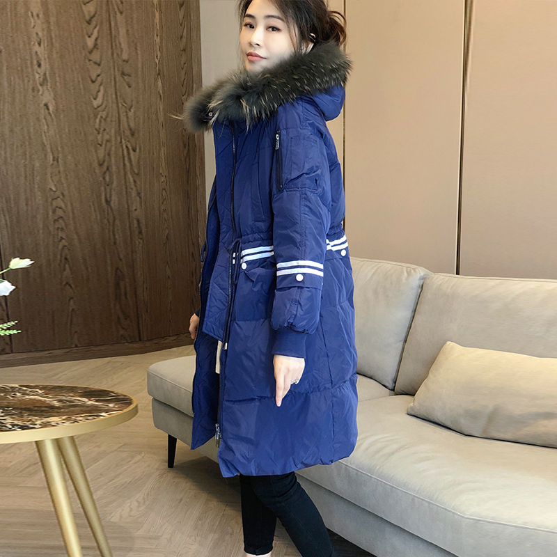 蓝色中长款羽绒服女大毛领时尚洋气小个子外套冬季2021新款欧洲站