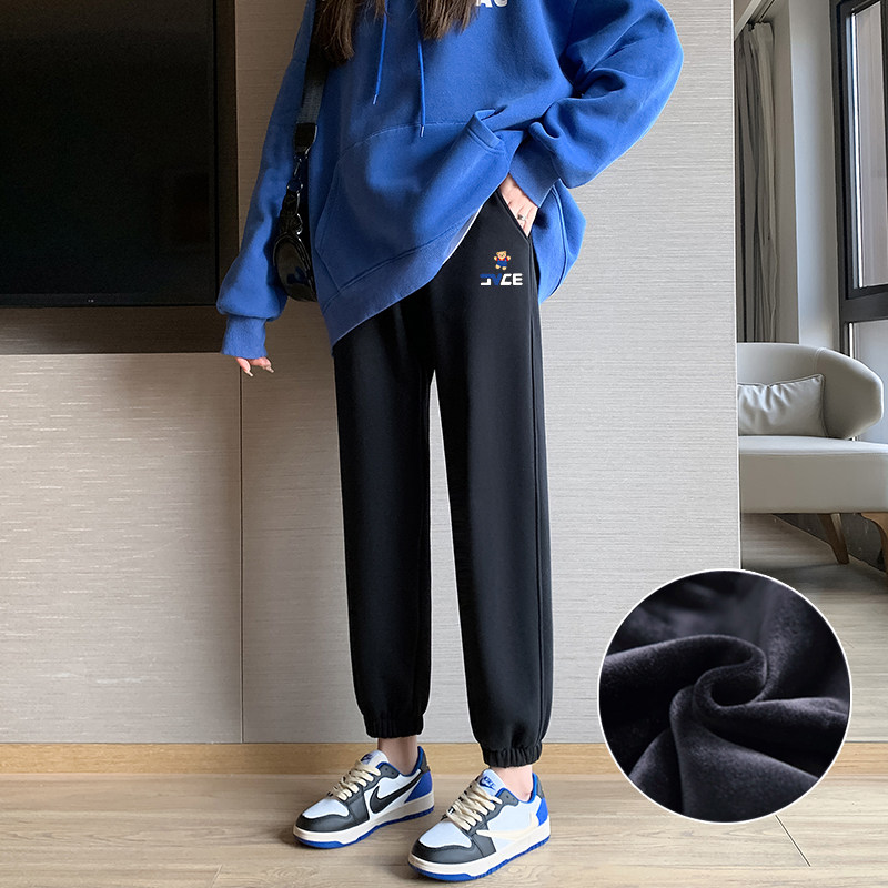 加绒卫裤女秋冬黑色加厚束脚显瘦时尚2021新款外穿保暖休闲运动裤
