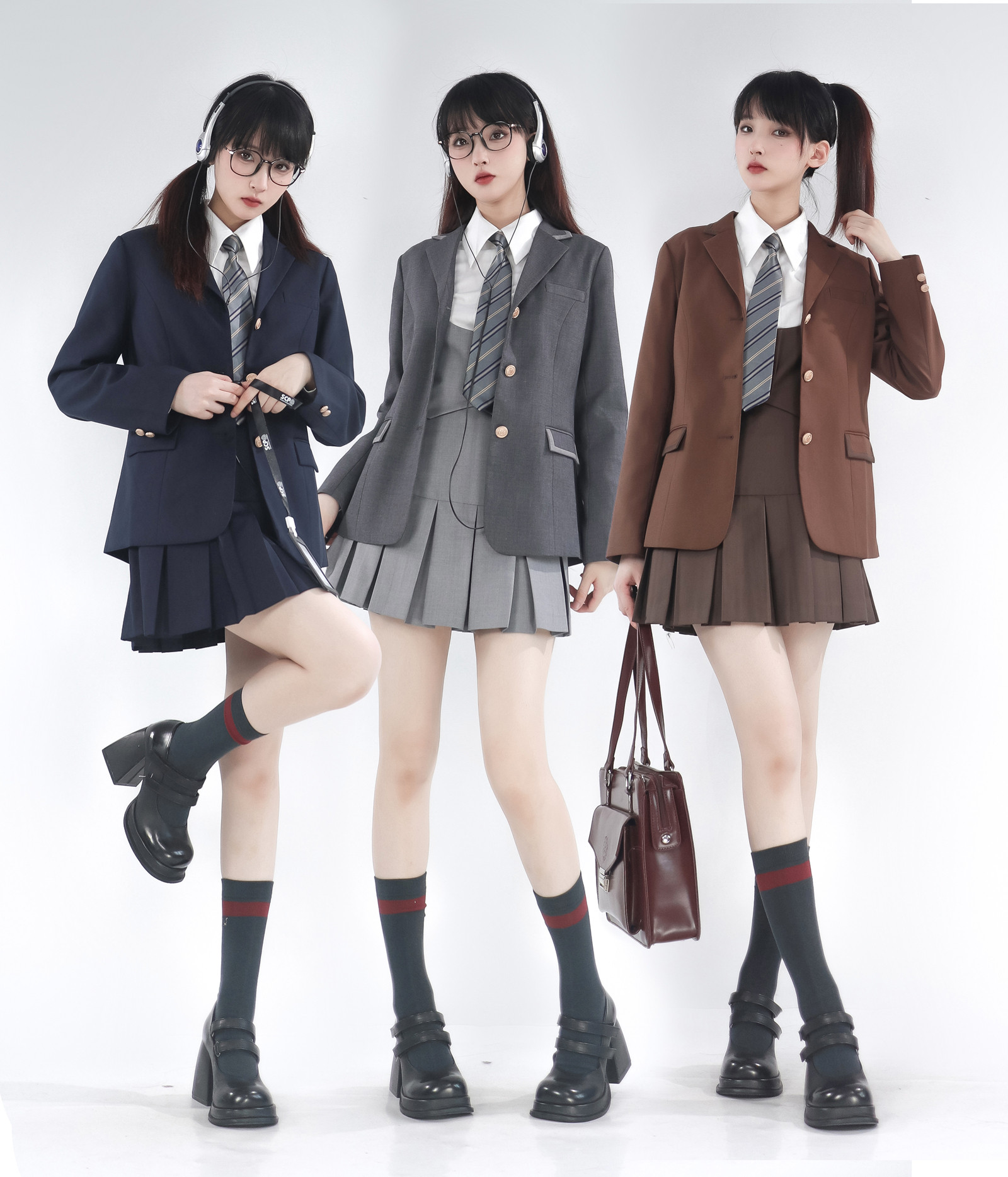 仲春二四 新乌龙女校 美式西装背心马甲百褶裙复古衬衫制服套装女