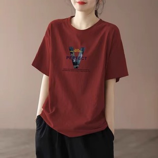 纯棉短袖t恤女夏季2024新款大红色印花宽松圆领显瘦休闲洋气上衣